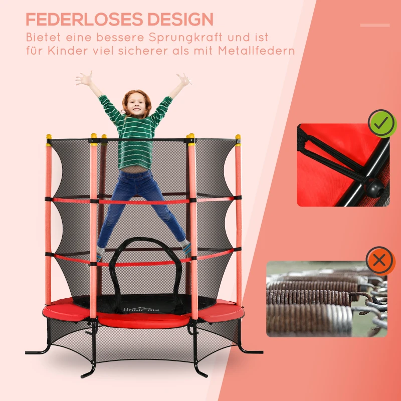 HOMCOM Kindertrampolin mit Sicherheitsnetz, Randpolsterung, wetterfest, Metallrahmen, bis 50 kg, Ø163cm x 163 cm, Rot