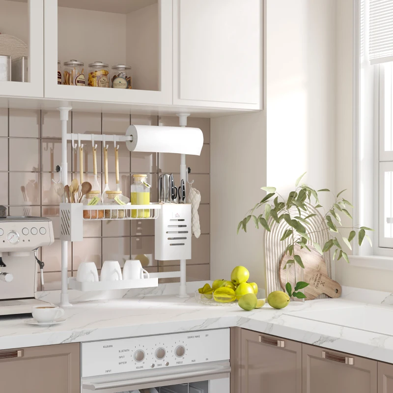 HOMCOM Abtropfgestell, höhenverstellbar, mit Küchenrollenhalter, Messerhalter, Haken, rostfreier Metallrahmen, Weiß