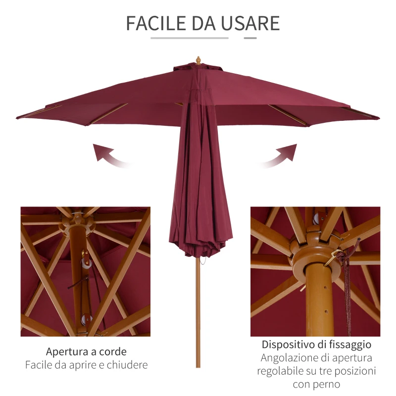 Outsunny Ombrellone da Giardino 3x2.5 con Palo in Legno e 8 Stecche e Copertura in Poliestere Rosso Scuro
