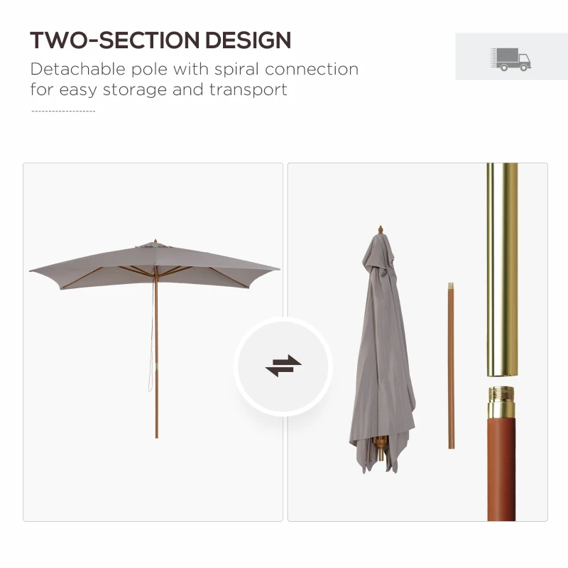 Outsunny 2 x 3m Wooden Garden Parasol Umbrella Outdoor Sun Shade Canopy, Table Market Umbrella with Vent, 38 mm Pole, Rope Pulley Mechanism, Light Grey