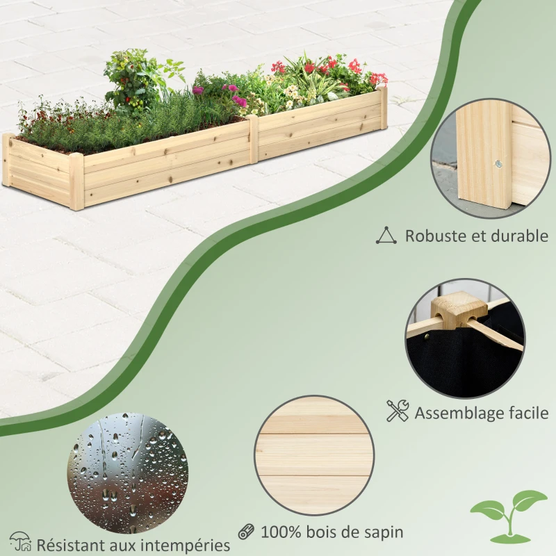 Outsunny Carré Potager de Jardin dim. 244 x 61,5 x 27 cm Feutre de Drainage, séparation Inclus Bois de Sapin