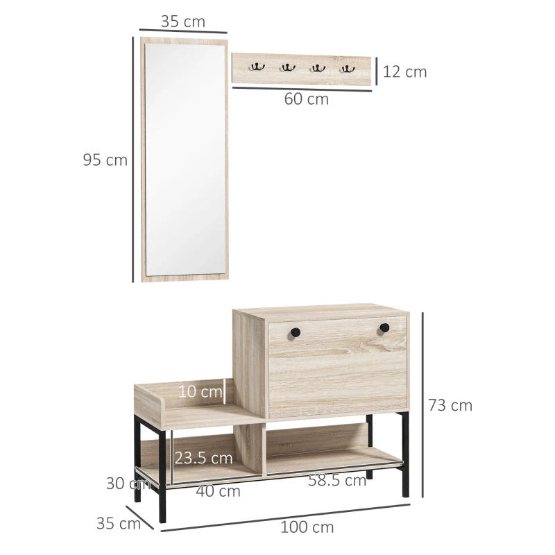 HOMCOM Ensemble 3 en 1 meuble d'entrée design contemporain meuble chaussures, miroir et panneau porte-manteau acier noir