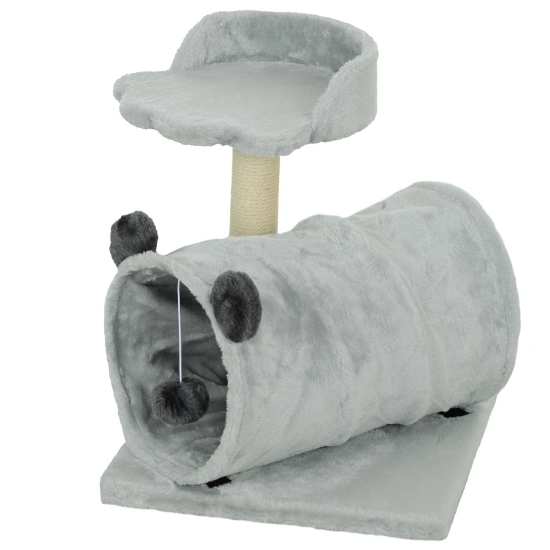 PawHut 47cm Small Cat Tree w/ Scratching Post, Bed, Cat Tunnel, Toy Ball, Grey