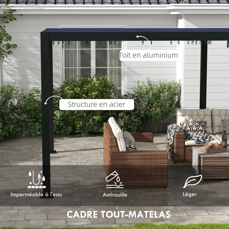 Outsunny Pergola 3 x 6 m  pergola d'extérieur tonnelle avec persiennes manivelle, toit réglable en aluminium crochets gris foncé