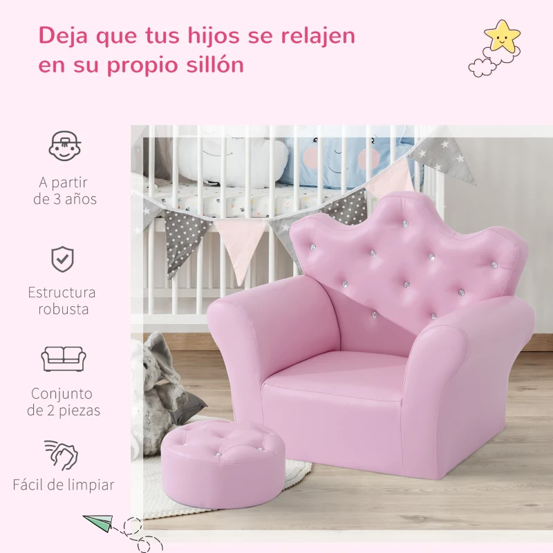 HOMCOM Sofá para Niños con Reposapiés Sillón Infantil Decorativo con Respaldo Alto en Forma de Corona y Reposabrazos Acolchado 58x40,5x49 cm Rosa