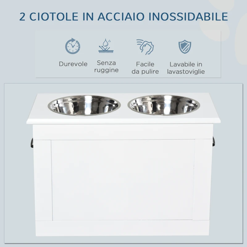 PawHut Ciotole Rialzate per Cani Grandi, Supporto in MDF con 2 Ciotole in Acciaio Inox, 60x30x41 cm, Bianco