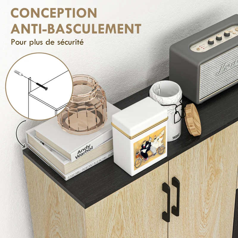 HOMCOM Meuble buffet de rangement cuisine 2 placards étagère réglable 2 tiroirs 90 x 30 x 75,5 cm naturel noir
