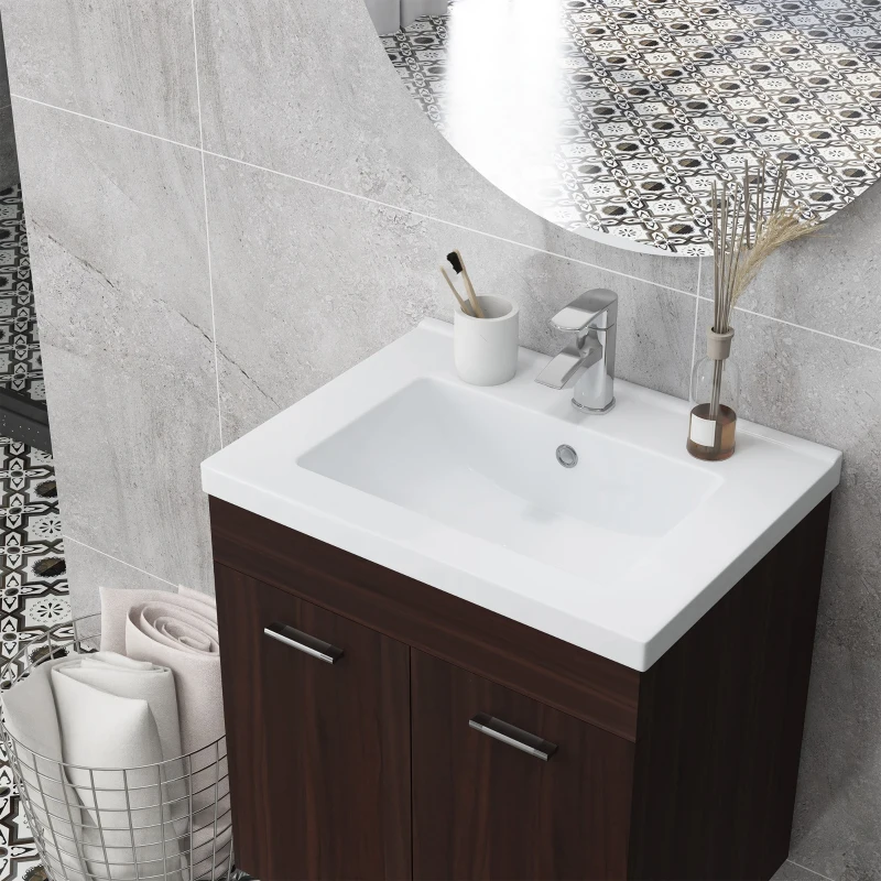 kleankin Mueble de Baño con Lavabo Cerámico Armario Bajo de Lavabo de Pared con 2 Puertas Estante Ajustable 60x45,5x60 cm Marrón