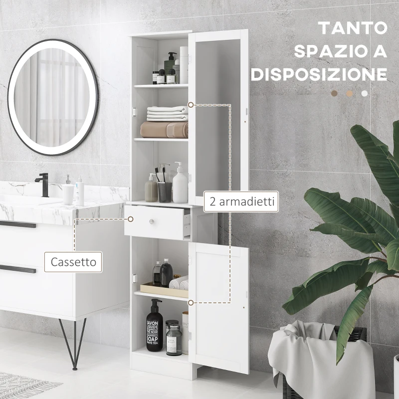 kleankin Mobile Colonna Bagno Salvaspazio con Armadietto, Cassetto e Ripiani in MDF, 40x27x171.5cm, Bianco