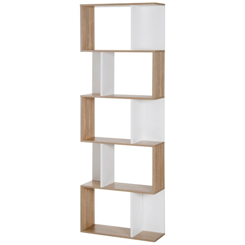 HOMCOM Estantería en Forma de S Alta con 5 Estantes Diseño Moderno para Salón Oficina 60x24x184,5cm Blanco y Madera(m-10)