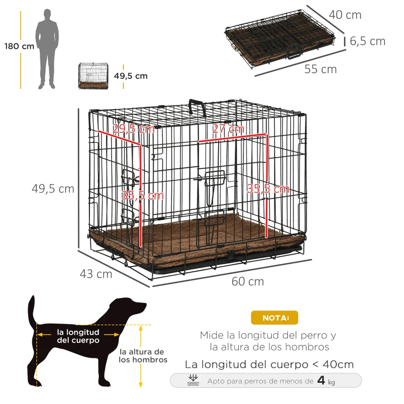 PawHut Jaula de Metal para Perros Plegable 60x43x49,5 cm con 2 Puertas con Pestillos Bandeja Extraíble Cojín Suave y Asa Negro