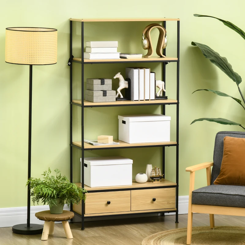 HOMCOM Bibliothèque étagère à 5 niveaux 2 tiroirs style industriel aspect bois et acier 80 x 30 x 161 cm naturel noir
