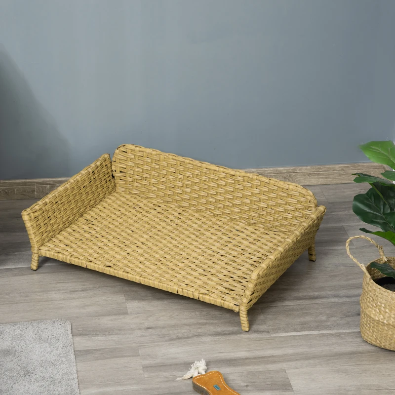 PawHut Rattan Hundesofa Hundekorb Hundebett mit Kissen Katzenbett Katzensofa Geflochtenes Haustiersofa für kleine und mittelgroße Hunde erhöhtes Design wetterbeständig Gelb 84 x 53 x 25 cm