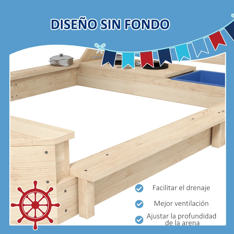 Outsunny Arenero Infantil con Toldo Volante Juguetes de Cocina y Forma de Barco Pirata para Patio Jardín 180x103x144,5 cm Natural