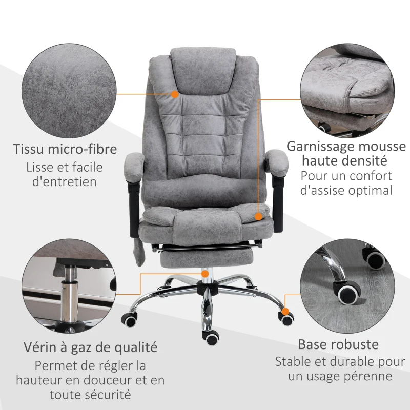 Vinsetto Fauteuil de bureau direction massant chauffant hauteur réglable dossier inclinable toile de microfibre gris(m-8)