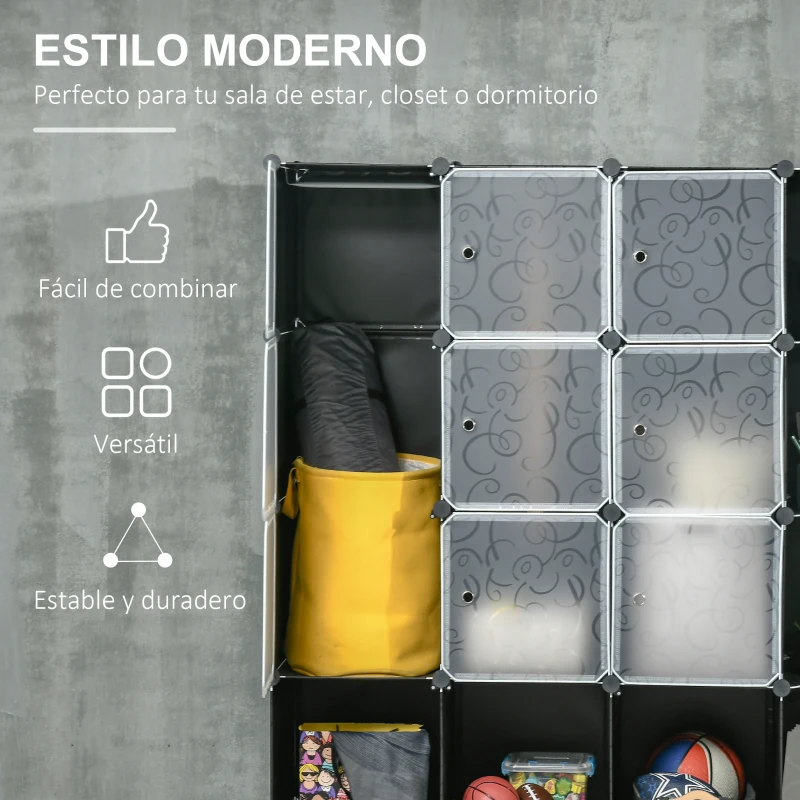 HOMCOM Armario Modular Organizador Portátil con 16 Compartimentos y 2 Barras de Colgar Ropa Negro y Blanco