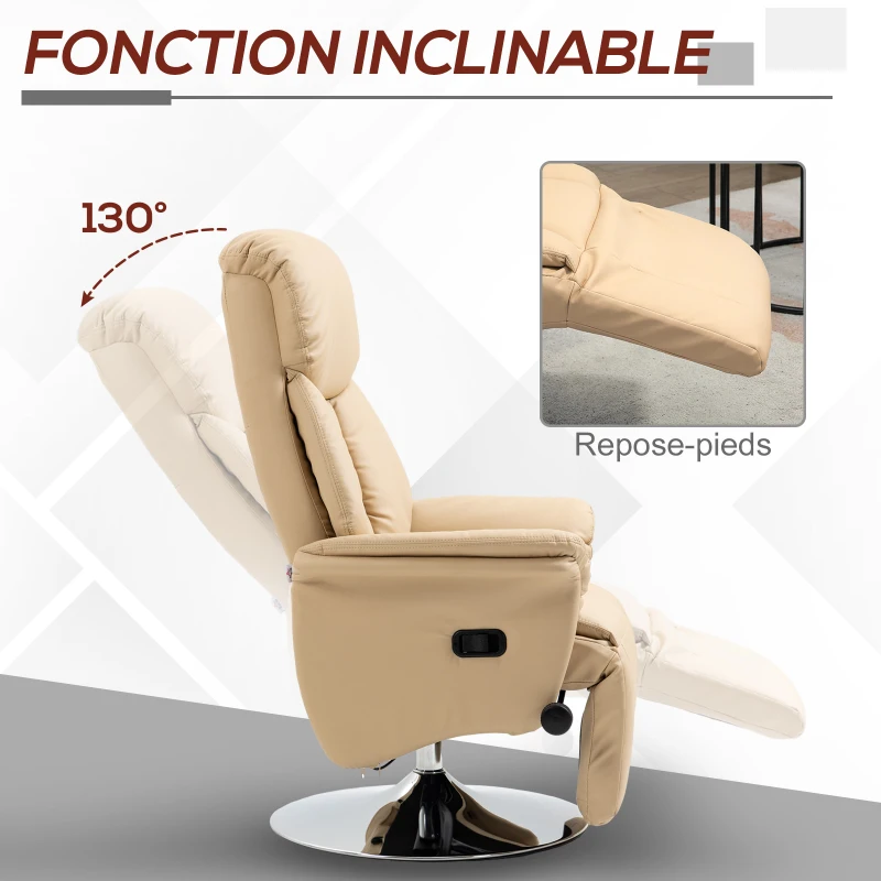 HOMCOM Fauteuil inclinable pivotant repose-pied réglable accoudoirs piètement acier chromé revêtement synthétique PU beige