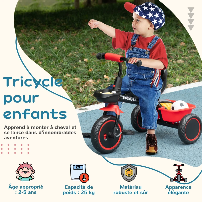AIYAPLAY Tricycle pour enfant évolutif avec siège réglable pédales 2 paniers ceinture pour enfant de 2 à 5 ans rouge et noir
