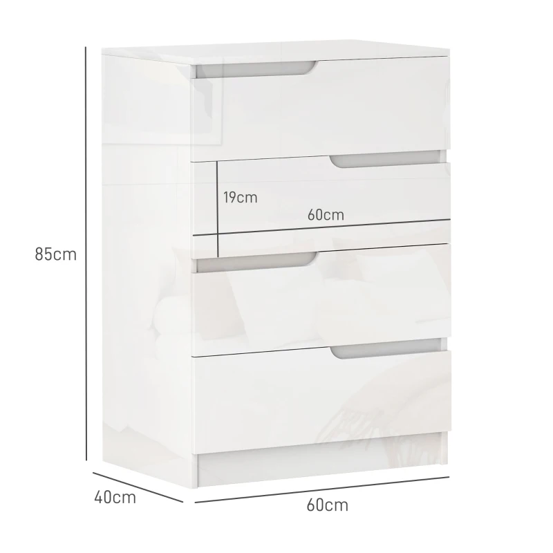 HOMCOM Cassettiera 4 Cassetti Moderna e Minimal in Legno, 60x40x85 cm, Bianco Lucido