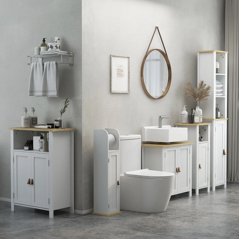 kleankin Meuble colonne de salle de bain placard à 3 niveaux étagères réglables porte en lambris 34 x 23 x 165 cm blanc