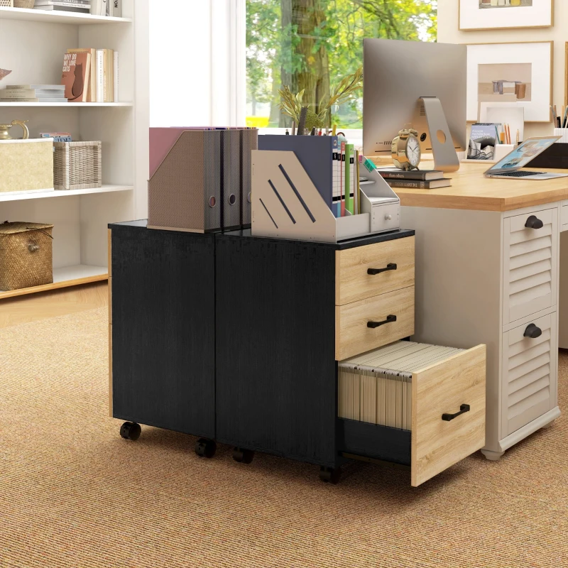 HOMCOM Cassettiera Ufficio con 3 Cassetti e Ruote, Portadocumenti con Barre Regolabili, Rovere e Nero