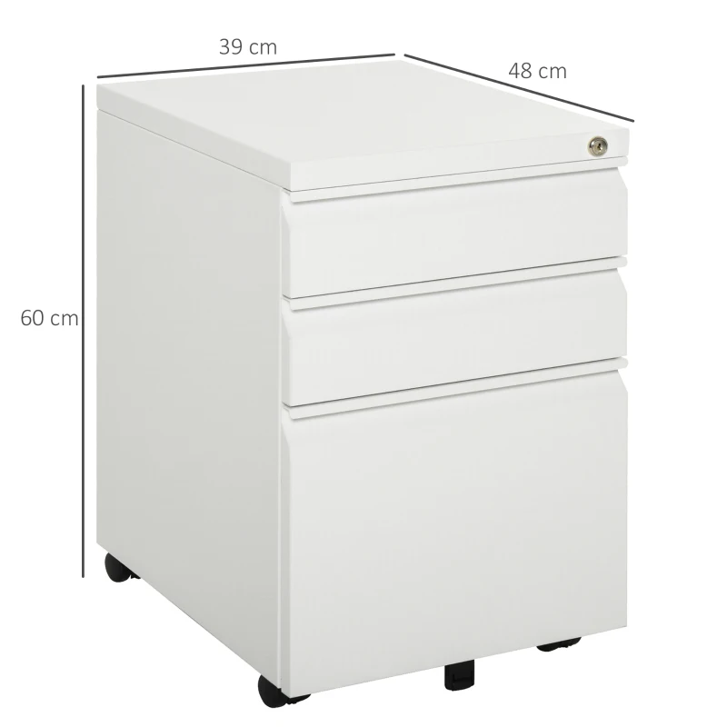 Vinsetto Cajonera de Oficina con Ruedas Mueble con Cerradura 2 Cajones y 1 Archivador para Tamaño A4 Carta 39x48x60 cm Blanco