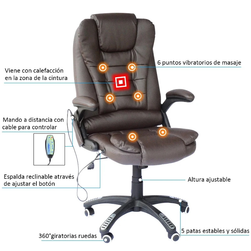 HOMCOM Silla de Oficina y Escritorio Regulable en Altura Reclinable 135° y Función Basculante Con Calefacción y Función Masaje con 5 Programas y 6 Puntos Vibratorios 62x68x111-121cm Hasta 120kg Marrón