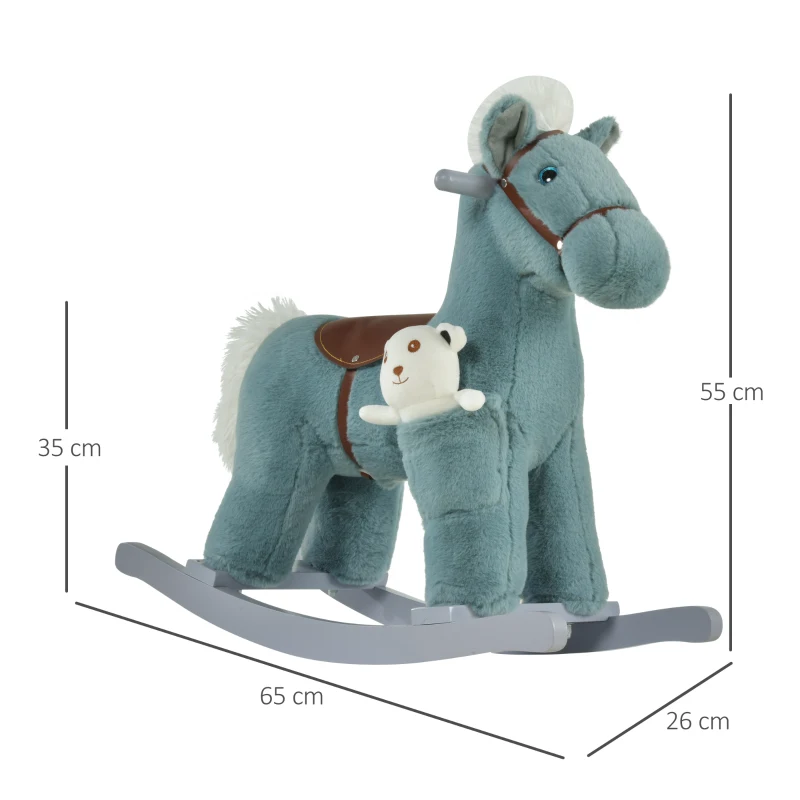 HOMCOM Cavallo a Dondolo per Bambini in Peluche e Legno con Suoni e Orsetto Incluso, per Bimbi da 18-36 Mesi, 65x26x55cm, Blu