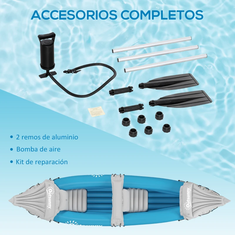 Outsunny Kayak Hinchable de 2 Plazas con 2 Remos de Acero Inflador Manual y Kit de Reparación 318x80x50 cm Azul