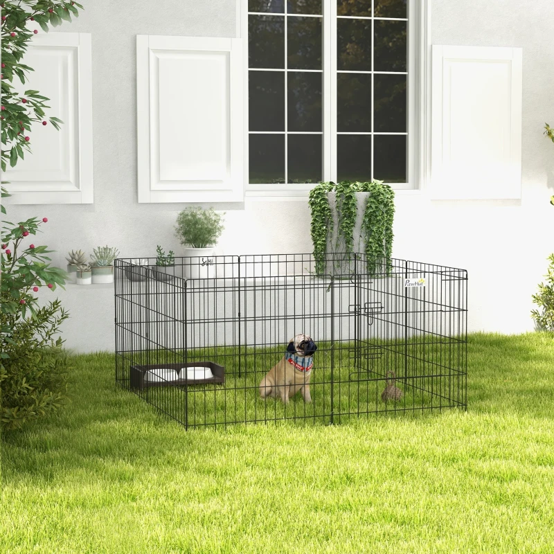 PawHut Parque de Juegos para Perros 8 Paneles 61x61 cm Jaula Metálica para Mascotas con Puerta y Doble Cerradura Negro