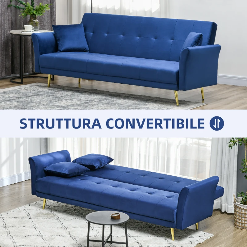 HOMCOM Divano Letto Clic Clac con Schienale Regolabile e 2 Cuscini, in Tessuto Effetto Velluto, 215x83x87 cm, Blu