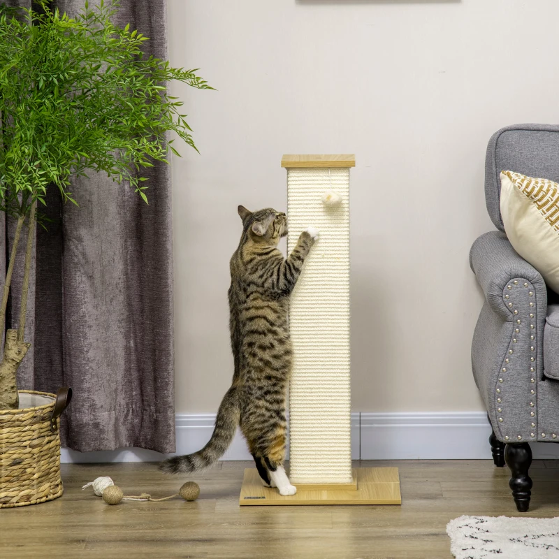 PawHut Poste Rascador para Gatos de 80 cm Árbol para Gatos con Poste de Sisal y Bola Colgante 38x38x80 cm Roble