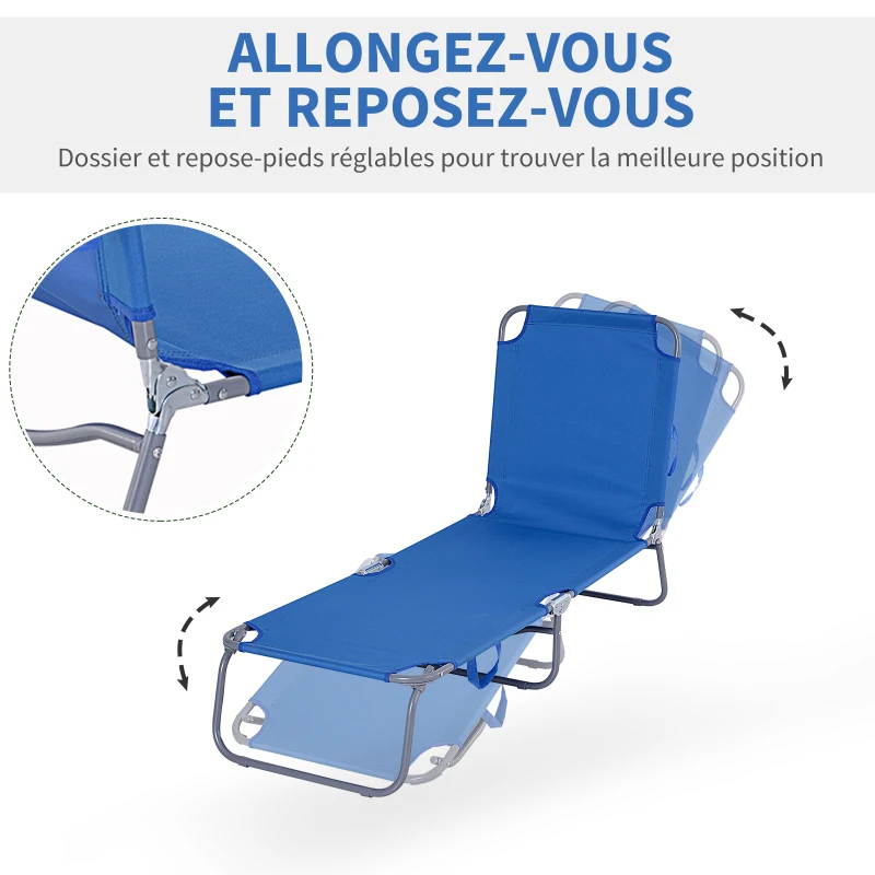 Outsunny Bain de Soleil transat Pliable Dossier réglable Multipositions métal et Polyester Bleu