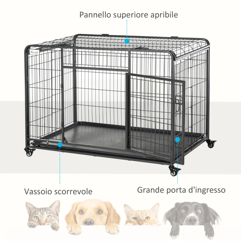 PawHut Kennel Gabbia per Cani Pieghevole a Doppia Porta con Blocco, Box per Cani con 4 Ruote con Freno e Fondo Rimovibile, 125x76x81cm, Grigio Scuro