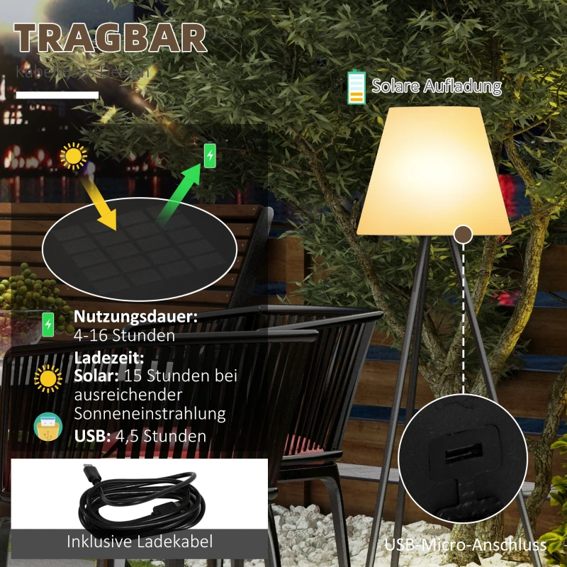 Outsunny Dreibein Solarlampe, dimmbar, warmweißes Licht, Metallrahmen, Ø38 x 137 cm, Schwarz/Weiß