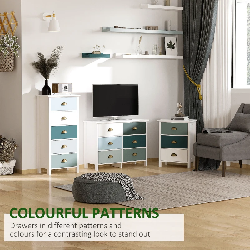 HOMCOM Chest of Drawers，6 Drawer Cabinet w/ Metal Handles Shabby Chic Sideboard for Living Room Bedroom, Multi-Coloured
