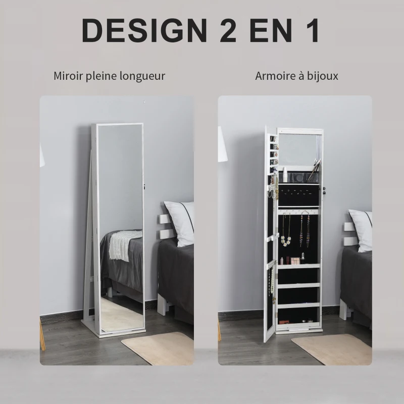 HOMCOM Armoire à Bijoux avec Miroir sur Pied Multi-rangements éclairage LED Blanc dim. 38L x 38l x H157 cm