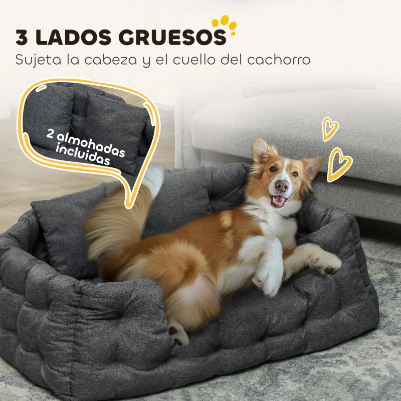 PawHut Cama para Mascotas con 2 Almohadas Colchón para Perros Antideslizante con Funda Extraíble y Lavable 110x70x35 cm Gris