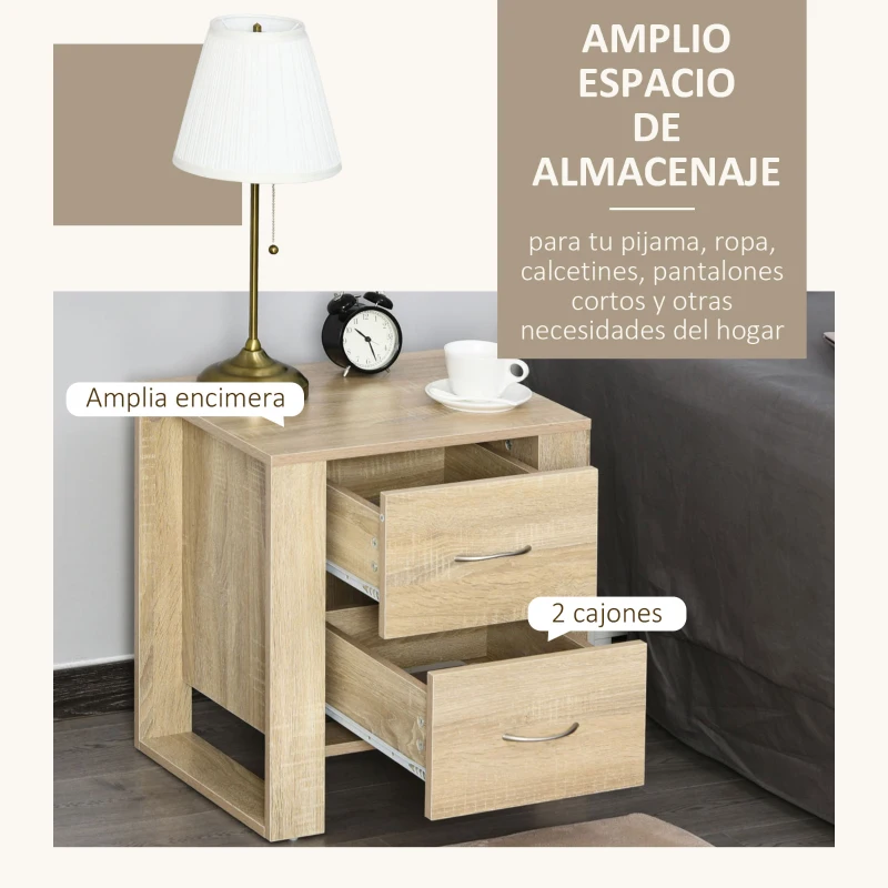 HOMCOM Mesita de Noche Mesilla de Noche con Cajones y Estilo Moderno Mesa Auxiliar para Dormitorio Salón 48x39x54 cm Natural