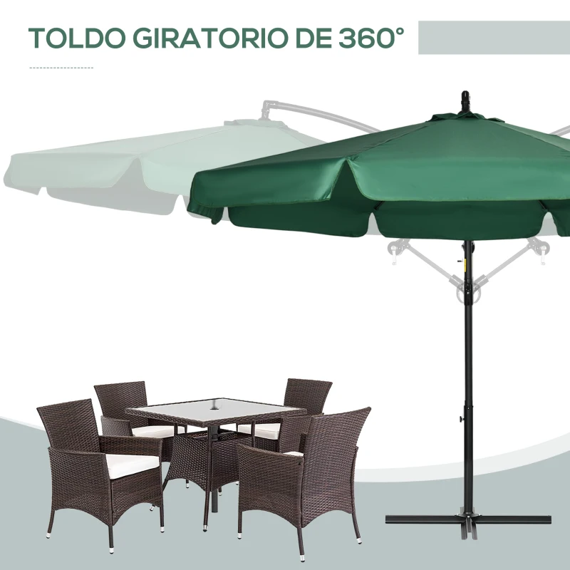 Outsunny Sombrilla de Jardín Parasol Excéntrico con Rotación de 360° Manivela y Base Cruzada Ø293x240 cm Verde