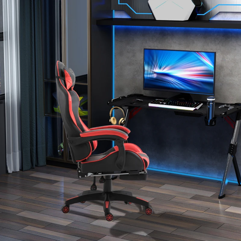 Vinsetto Sedia da Gaming con Poggiapiedi Estendibile, Poltrona Gaming Ergonomica Reclinabile Ecopelle 66×60×127-134cm Rosso
