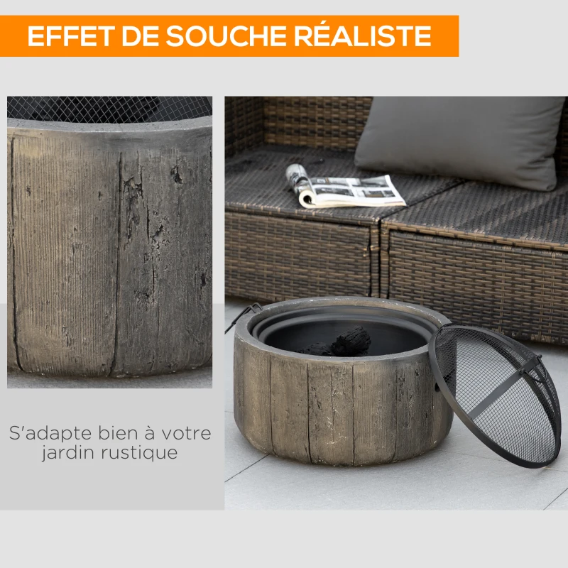 Outsunny Brasero cheminée rond à bois en métal avec tisonnier pare-étincelle grille et poignée diamètre 45,5 cm noir