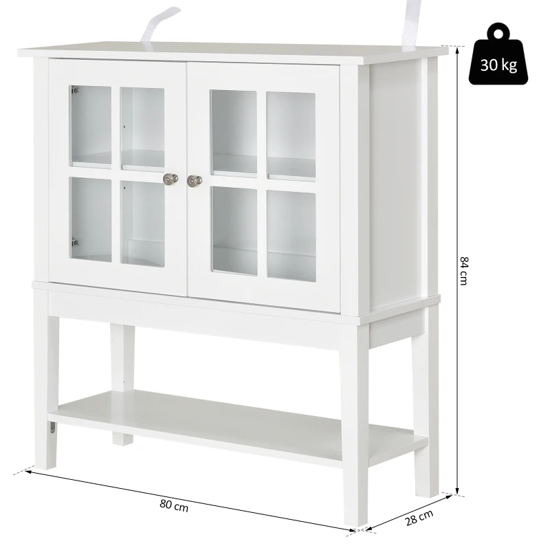 HOMCOM Küchenschrank, Sideboard mit 3 Schichten, Küchenbuffet, Vitrinenschrank mit Glastür im Landhausstil, Geschirrschrank, Buffetschrank für kleine Räume, MDF, Weiß, 80 x 28 x 84 cm