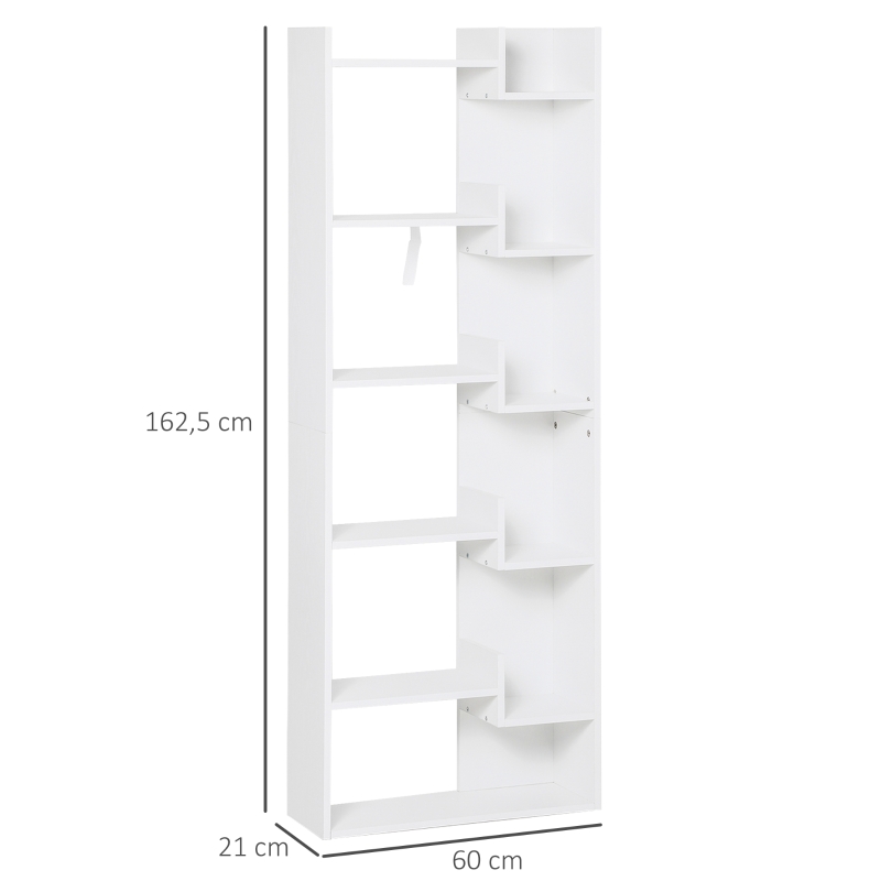 HOMCOM Estantería de 6 Niveles Librería Vertical de Forma Irregular Diseño Moderno Sistema Antivuelco 60x21x162,5 cm Blanco