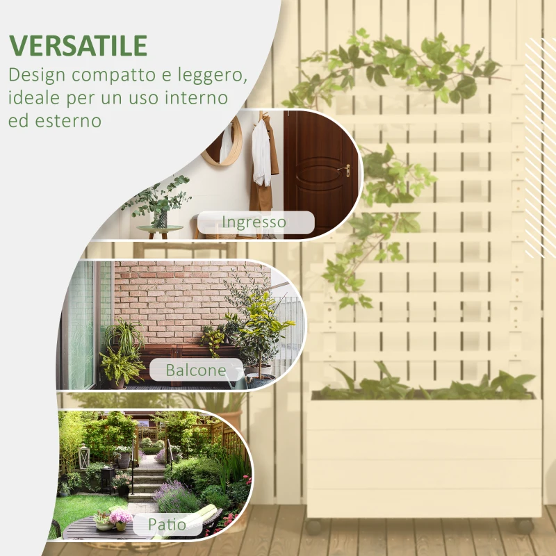 Outsunny Fioriera Verticale con 4 Ruote e Traliccio per Piante Rampicanti in Legno, 76x30x155cm, Bianco