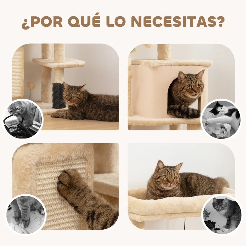 PawHut Árbol Rascador para Gatos Altura 104cm con Plataformas Poste con Cepillo Bolas Colgantes y Almohadilla para Rascar Beige