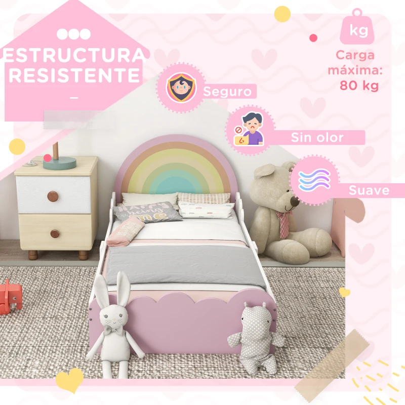 ZONEKIZ Cama Infantil de Madera 143x74x66 cm en Forma de Arcoíris Mueble de Dormitorio Moderno Carga 80 kg Rosa