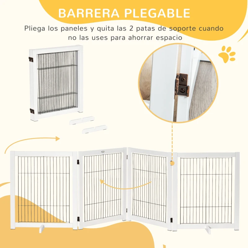 PawHut Barrera de Seguridad para Perros Plegable 264x77 cm de 4 Paneles con Patas y Marco de Madera para Puertas Escaleras