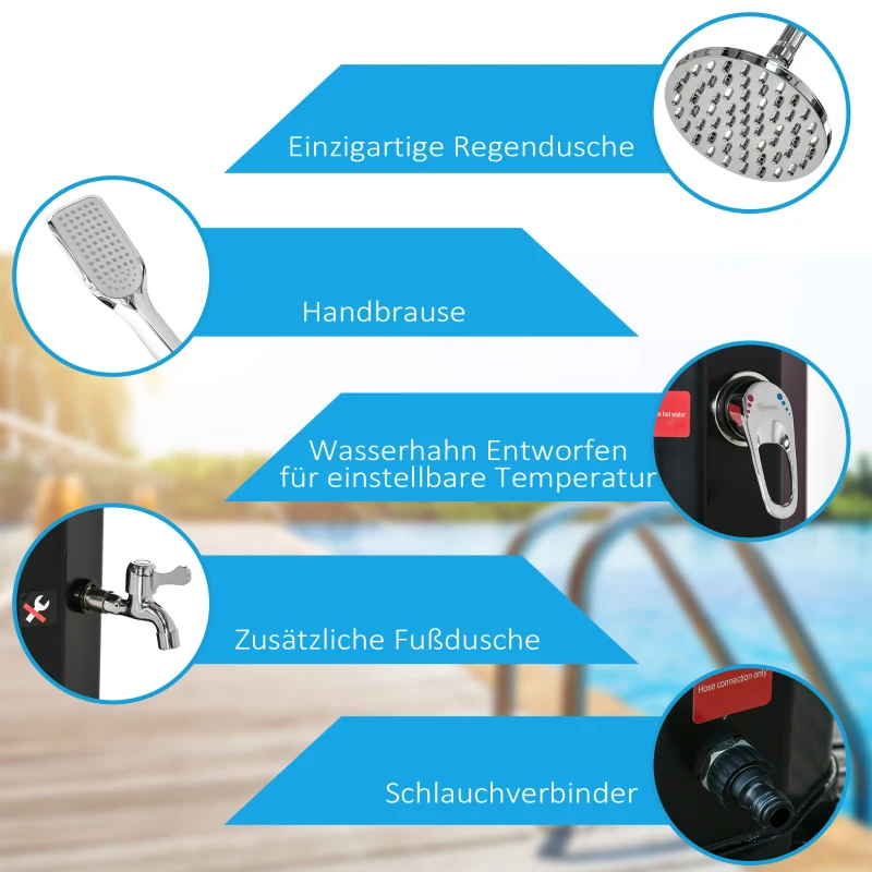 Outsunny Solardusche 35 Liter 0-55 ℃ warmes Wasser Camping Pooldusche mit Wasserhahn und Regenduschkopf Schwarz 17,5 x 14,5 x 216 cm