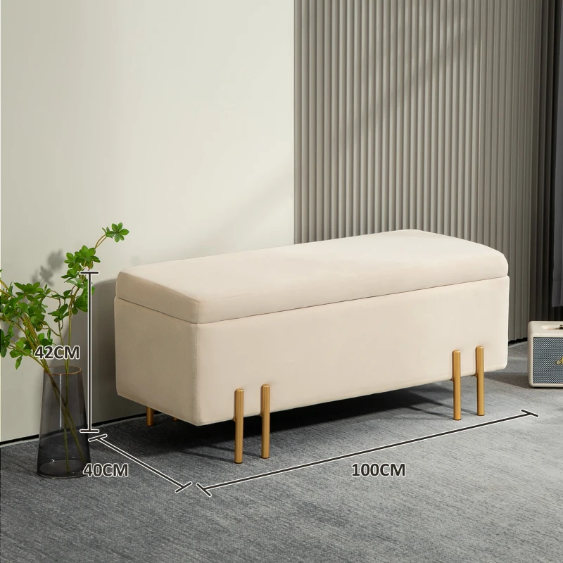 HOMCOM Polsterbank mit Stauraum, Truhenbank, Schaumstoff, Metall, Kautschukholz, 100 x 40 x 42 cm, Beige(m-3)